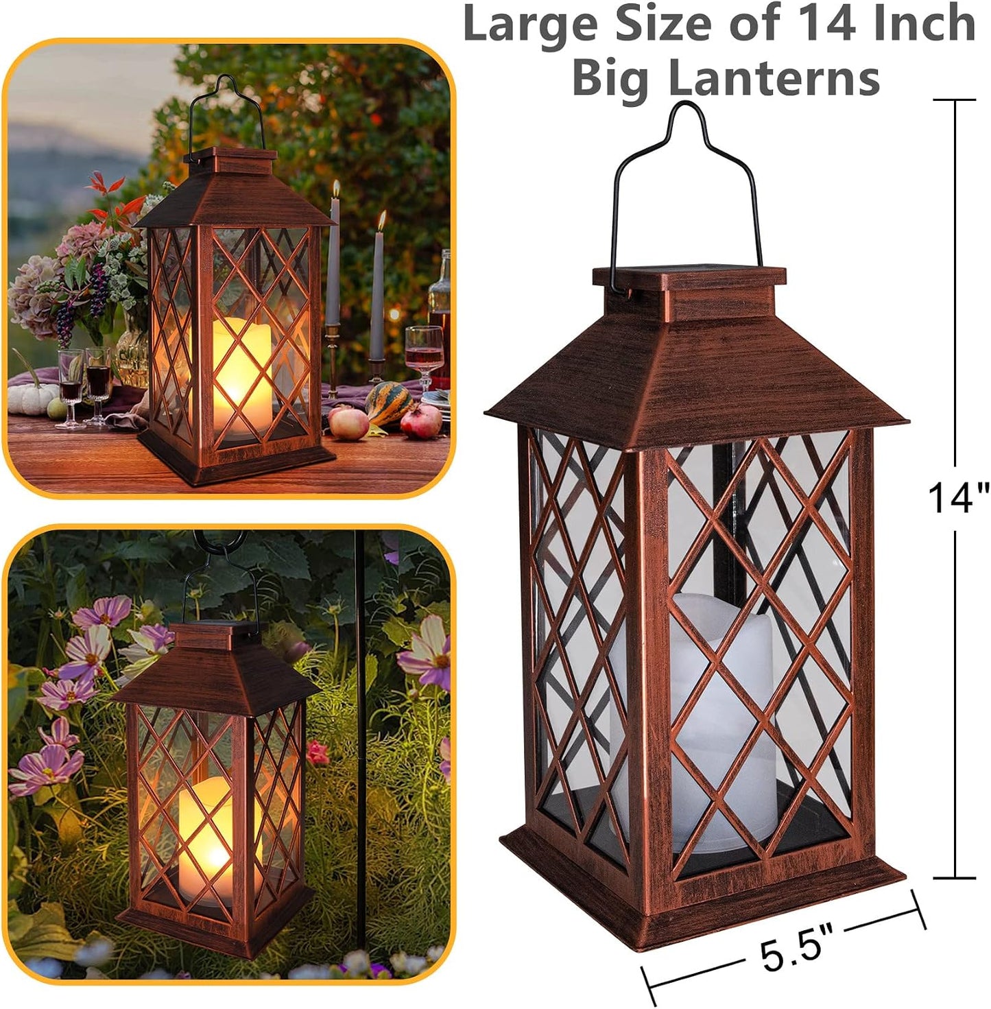 14" Solar Lanterns Outdoor Garden Lantern Waterproof LED Flickering Flameless Candle Mission Lights for