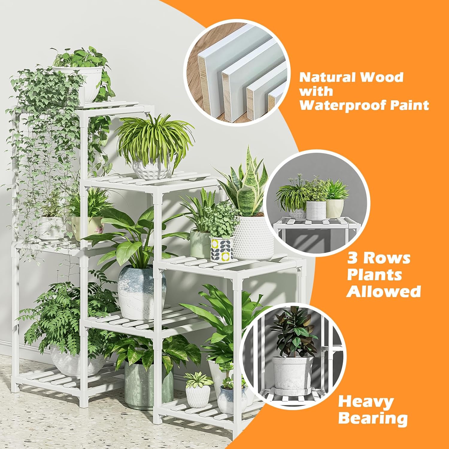 Bamworld Indoor Plant Stand Outdoor White Shelf Bamboo Plant Table for Multiple Plants 3 Tiers 7 Pots Ladder Holder Pot