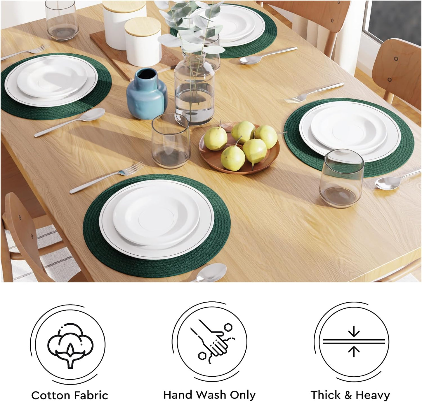 Encasa XO Placemats, Round Cotton Dining Table Mats 13" | Dark Green, Handcrafted Ribbed Texture | Heat Resistant