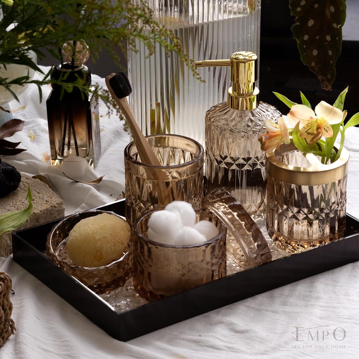 EMPO 6PCS Bathroom Clear Glass Accessories Set (Lotion Soap Dispenser, Soap Dish, Toothbrush Holder, Tumbler, Cotton