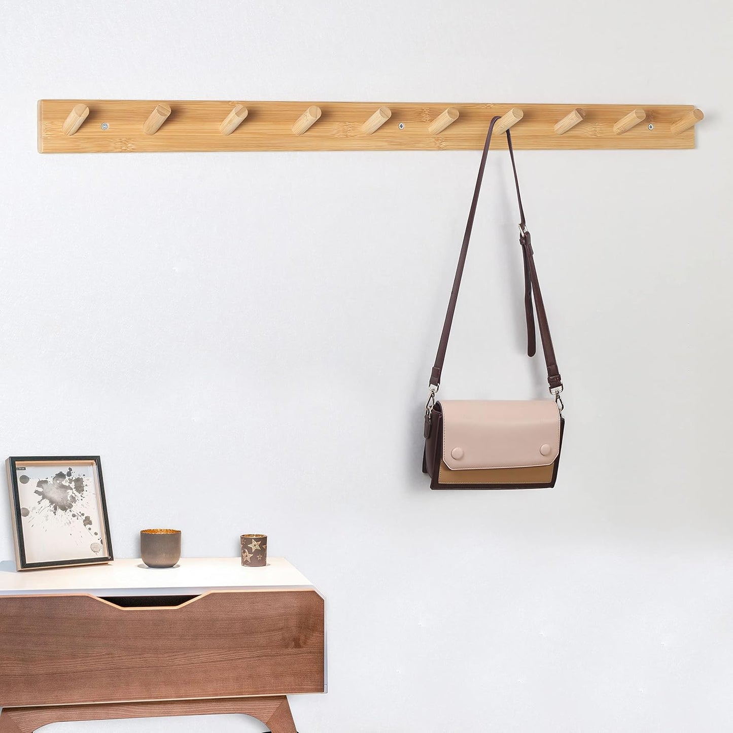 SKOLOO Wall Mounted Coat Rack 38", 10 Hooks, Bamboo, Shaker Style, Natural | Wood wall hooks, painted finish, 100-lb