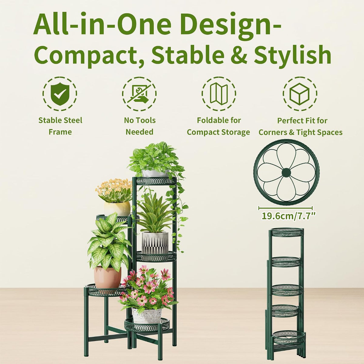 5-Tier Metal Plant Stand Indoor Outdoor, Corner Tall Plant Shelf for Multiple Plants, Foldable Plant Stand, Heavy Duty