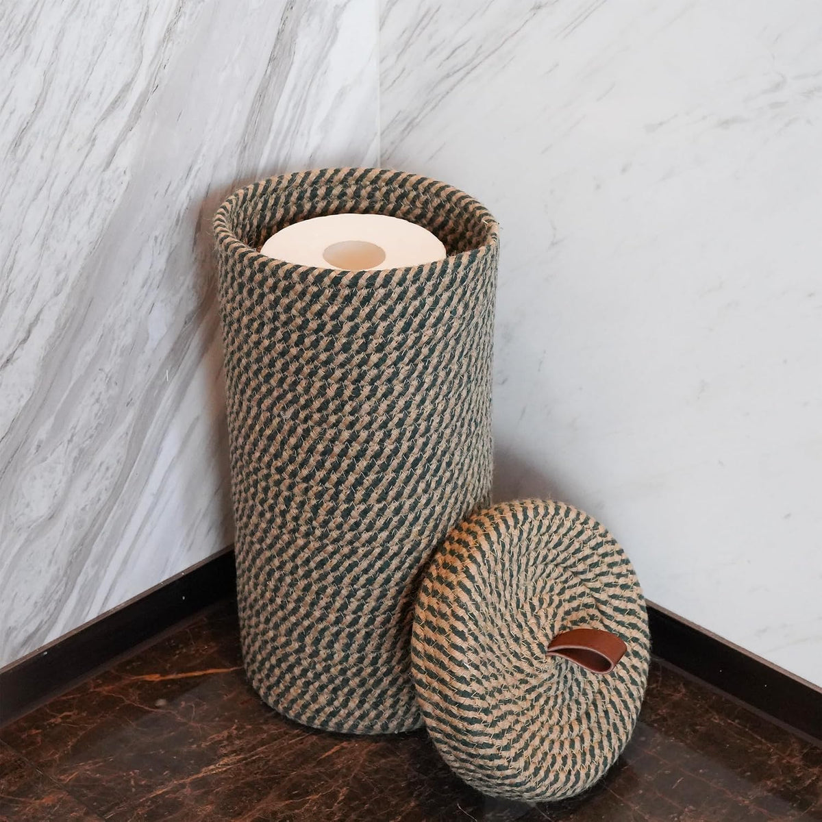 Handmade Cotton & Jute Toilet Paper Holder – Woven Toilet Paper Stand & Storage Basket with Lid, Freestanding Organizer