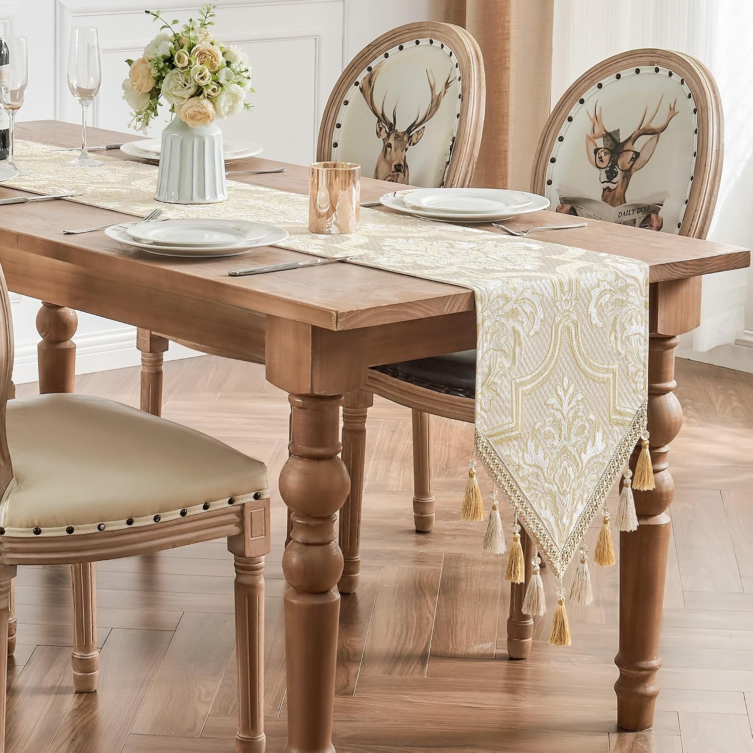 Loom and Mill Elegant Damask Jacquard Table Runner 13x90 inch, Beige Gold | Floral Design Double Layer Dining Table