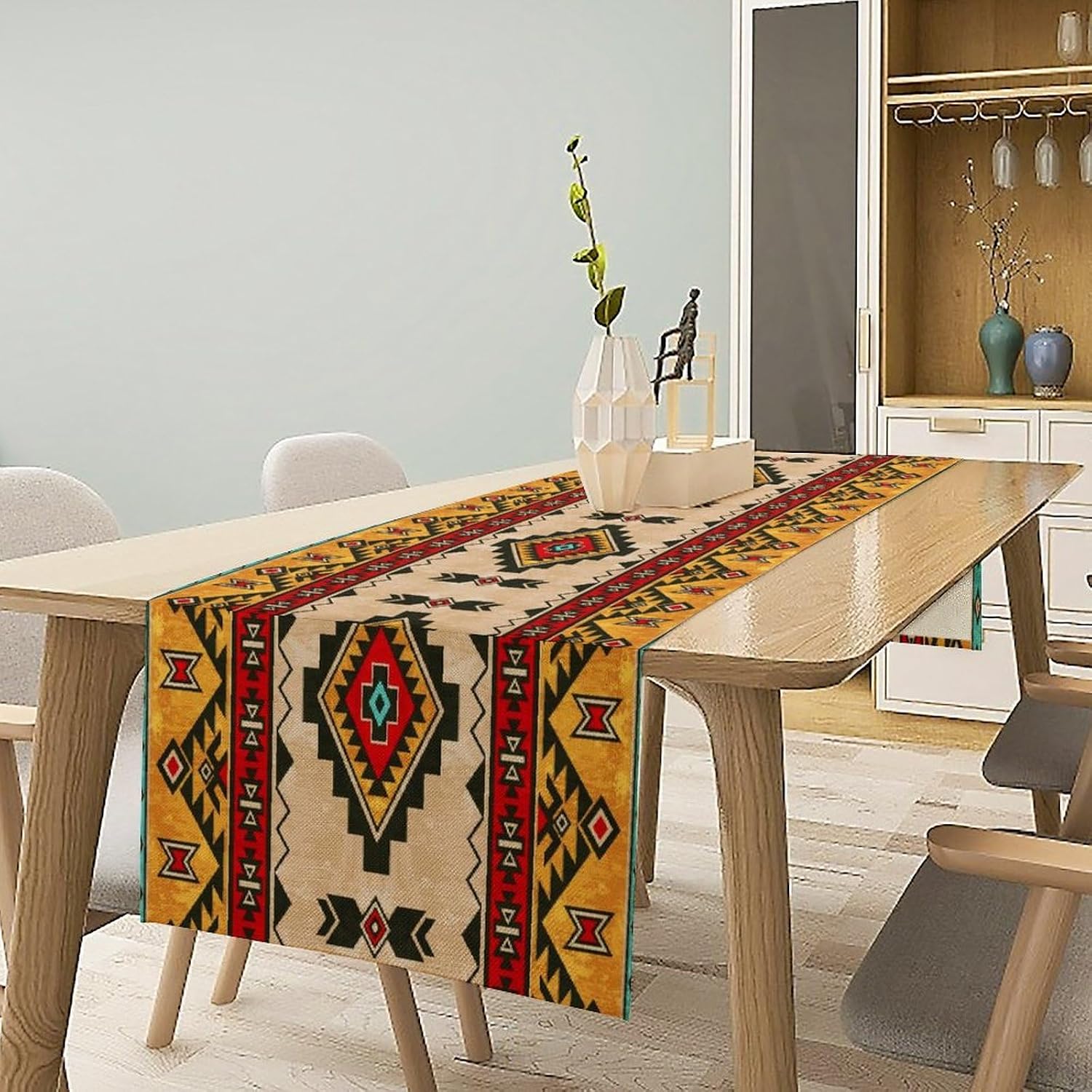Aztec Southwest Table Runner,Ethnic Style Design Boho Geometric Pattern Printed Linen Table Runner for Home Kitchen