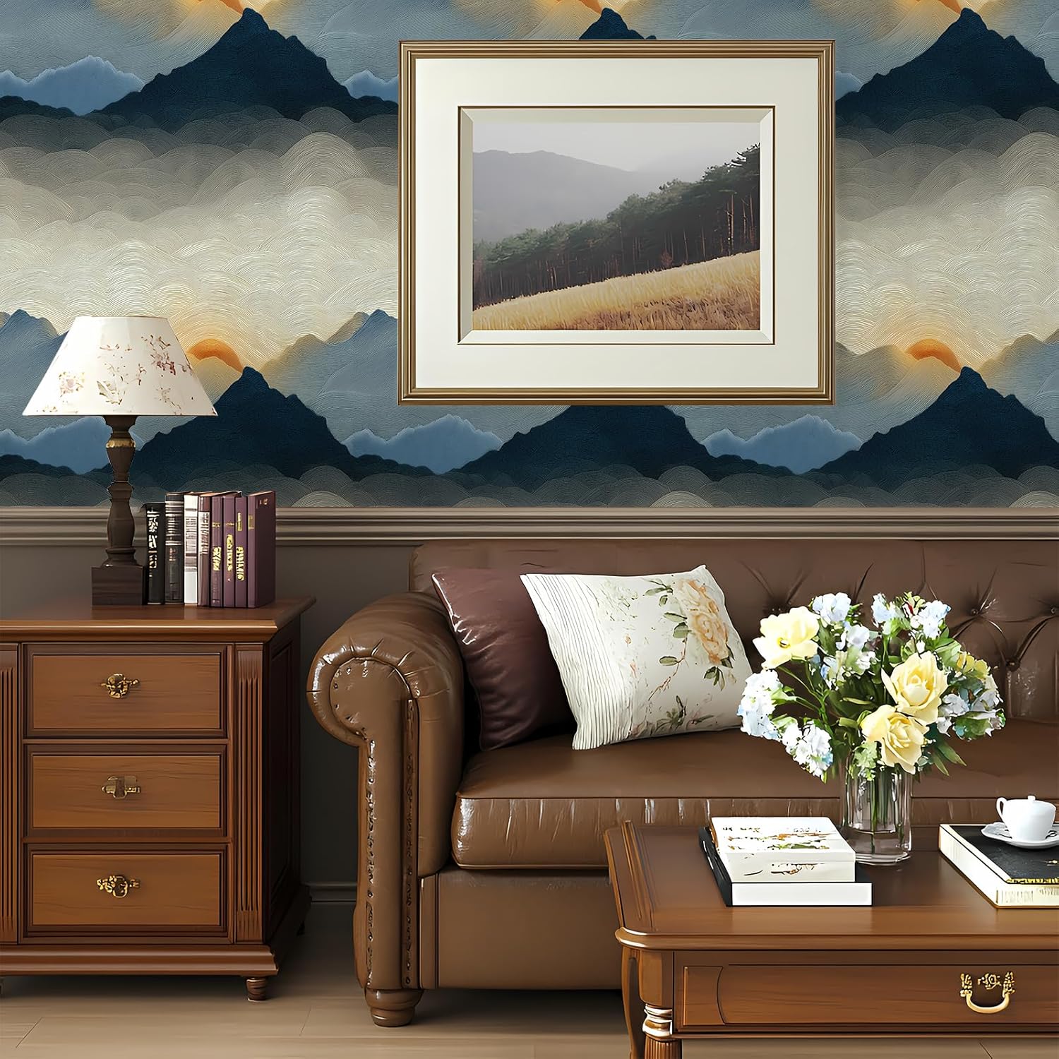 Peel and Stick Sun Art Wallpaper Nature Warm Woody Removable / 17.7 x 236.2 / Blue/white/red
