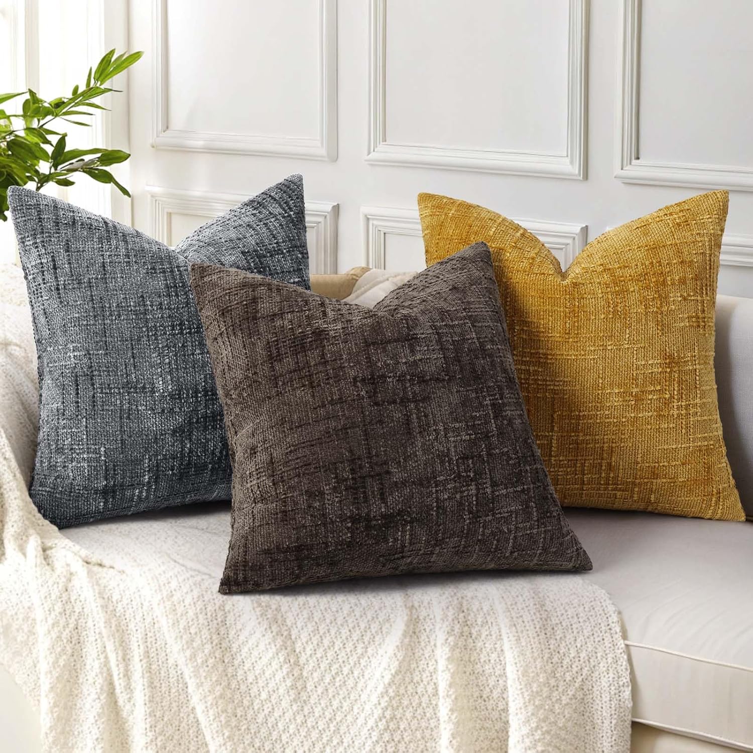 Fall Chenille Throw Pillow Covers Textured Soft Slubby Couch Pillow / Dark Grey / 18 x 18 / Set of 2