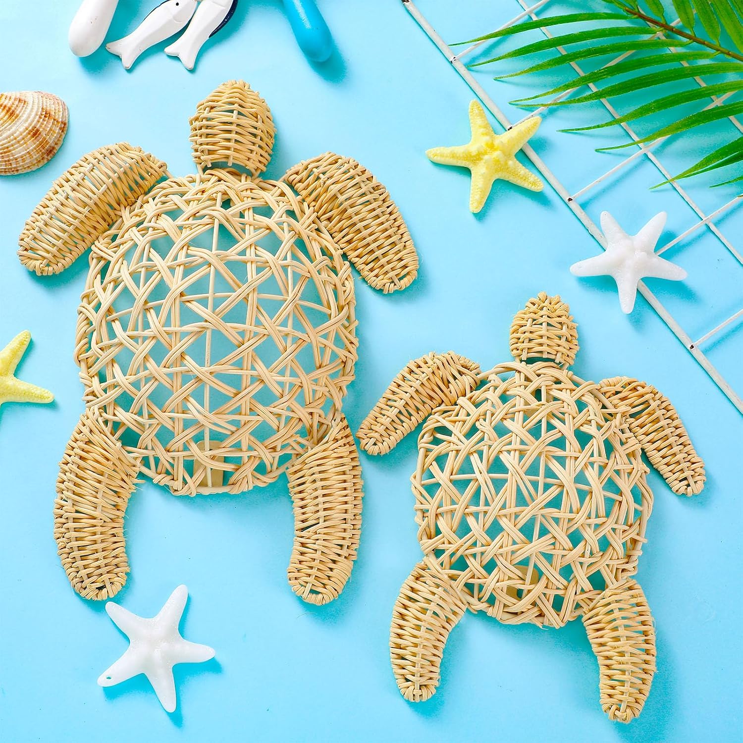 Semi Stereo Wicker Sea Turtle Wall Decor Coastal Beach Boho Handmade Wicker 2 Size Boho / Set of 2