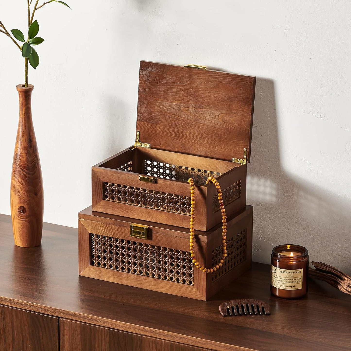 Decorative Rattan Storage Boxes Solid Wood Woven Baskets Bins / Walnut / Natural