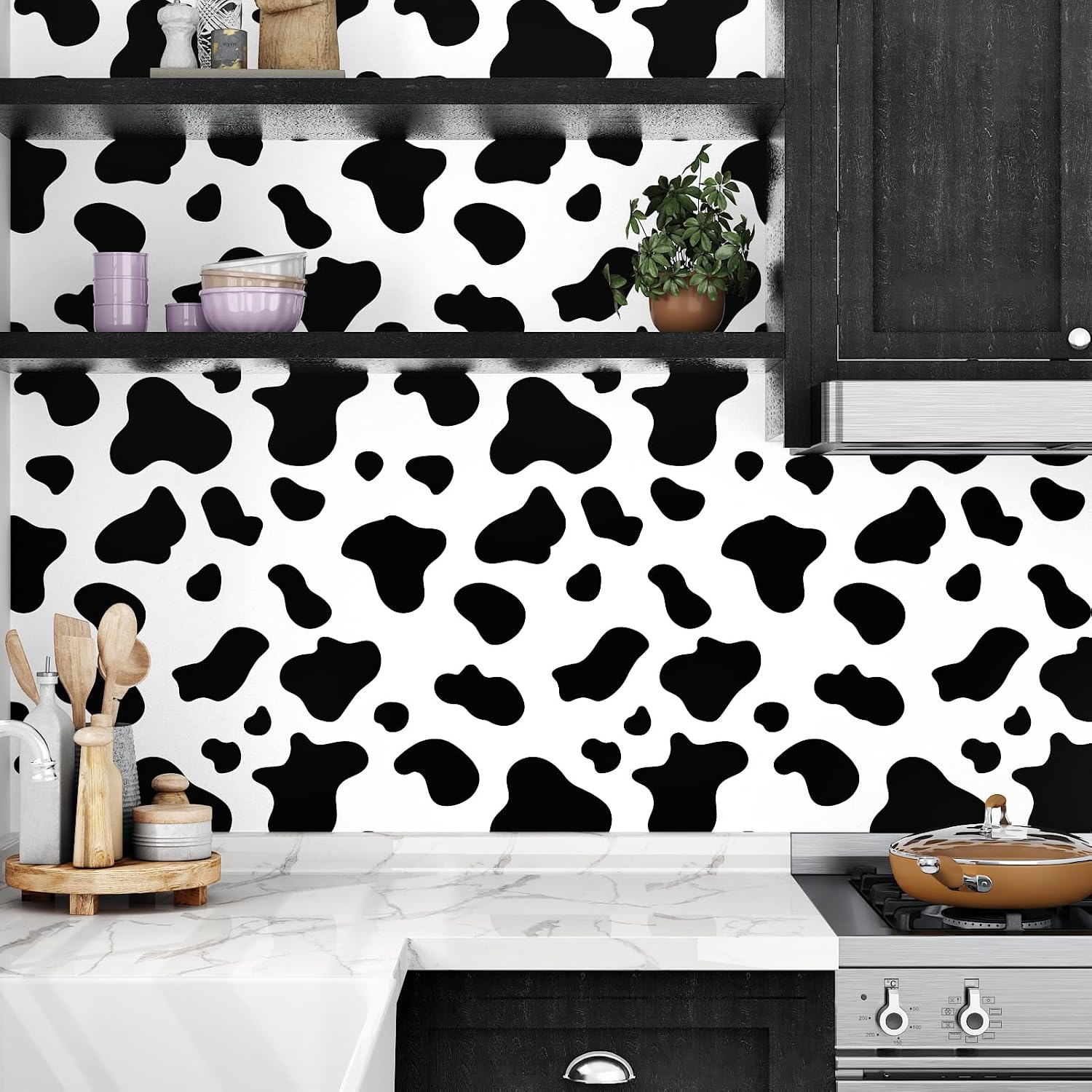Cow Printed Peel and Stick Wallpaper and White Contact Paper / Vinyl / 17.5 x 102 / Black