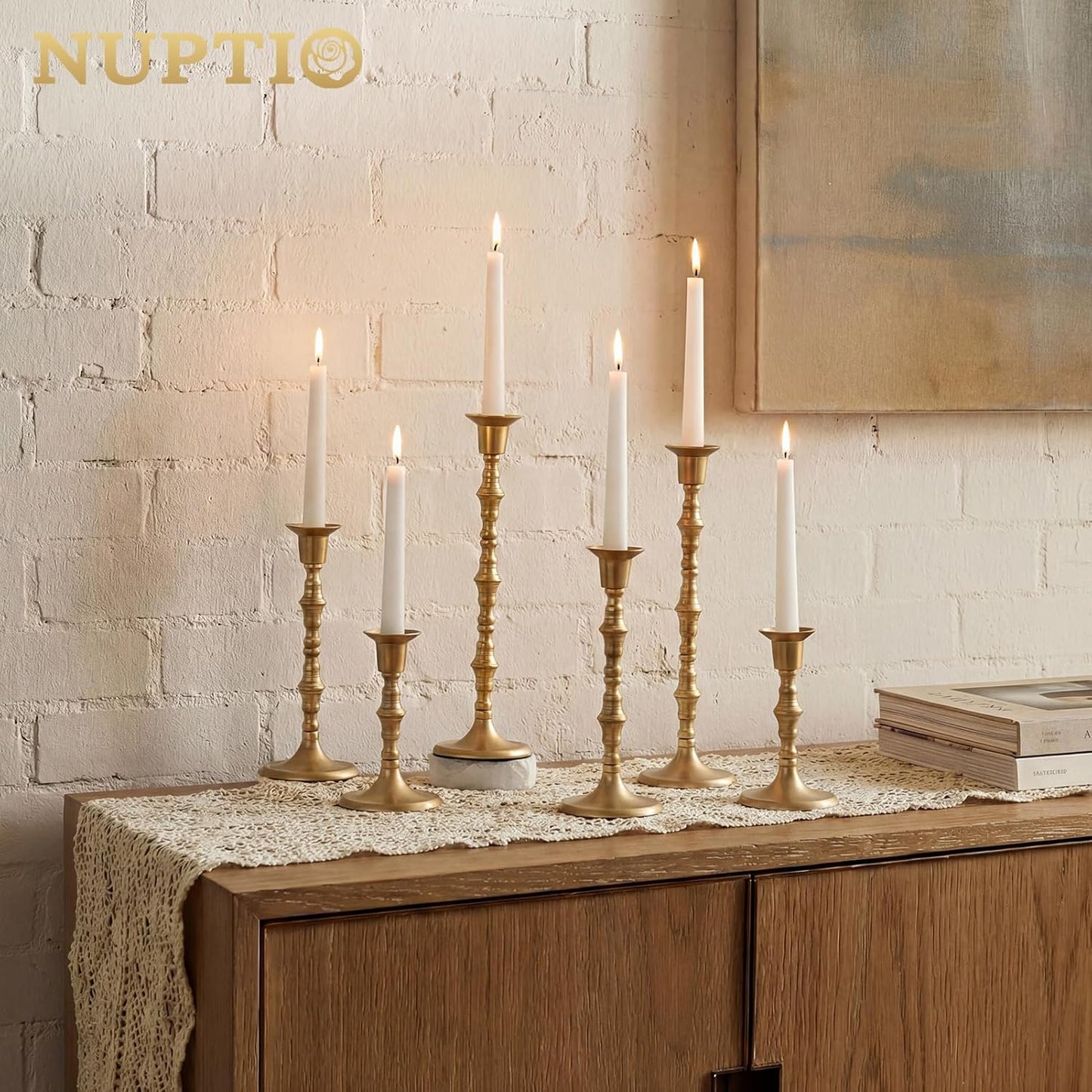 NUPTIO Gold Candle Holders for Decor: Unique Candlestick Candleholders | Set of 6 Tall Assorted Candle Stick Taper