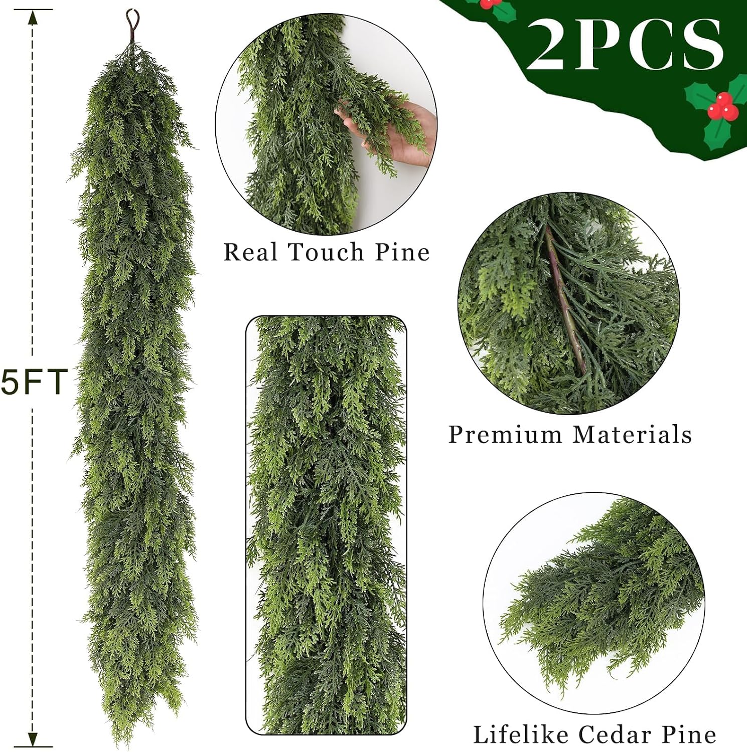 2PCS 5FT Lifelike Touch Artificial Cedar Garland for Mantle Christmas Decor | Thick and Lush, Realistic Fake Cedar Pine