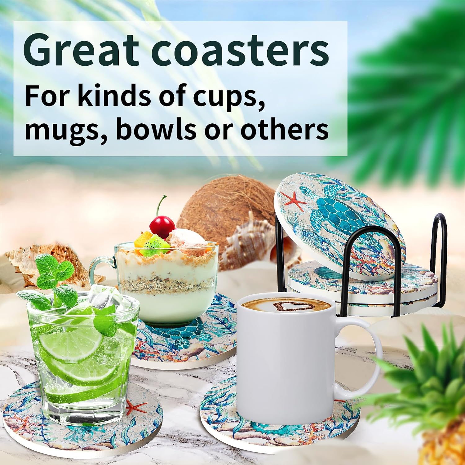 Holder Ceramic Absorbing Stone Sea Ocean Life Cork Base Coastal Decor Theme / Beach / Set of 6