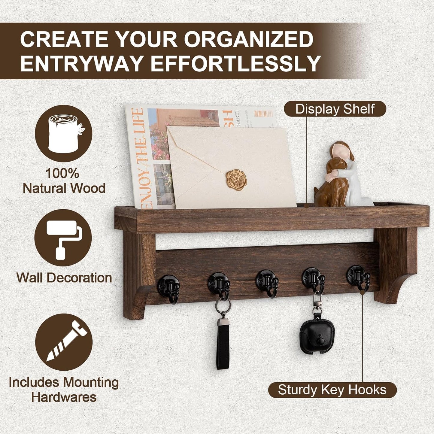 Key Holder / 5 Hooks for Coat / Brown
