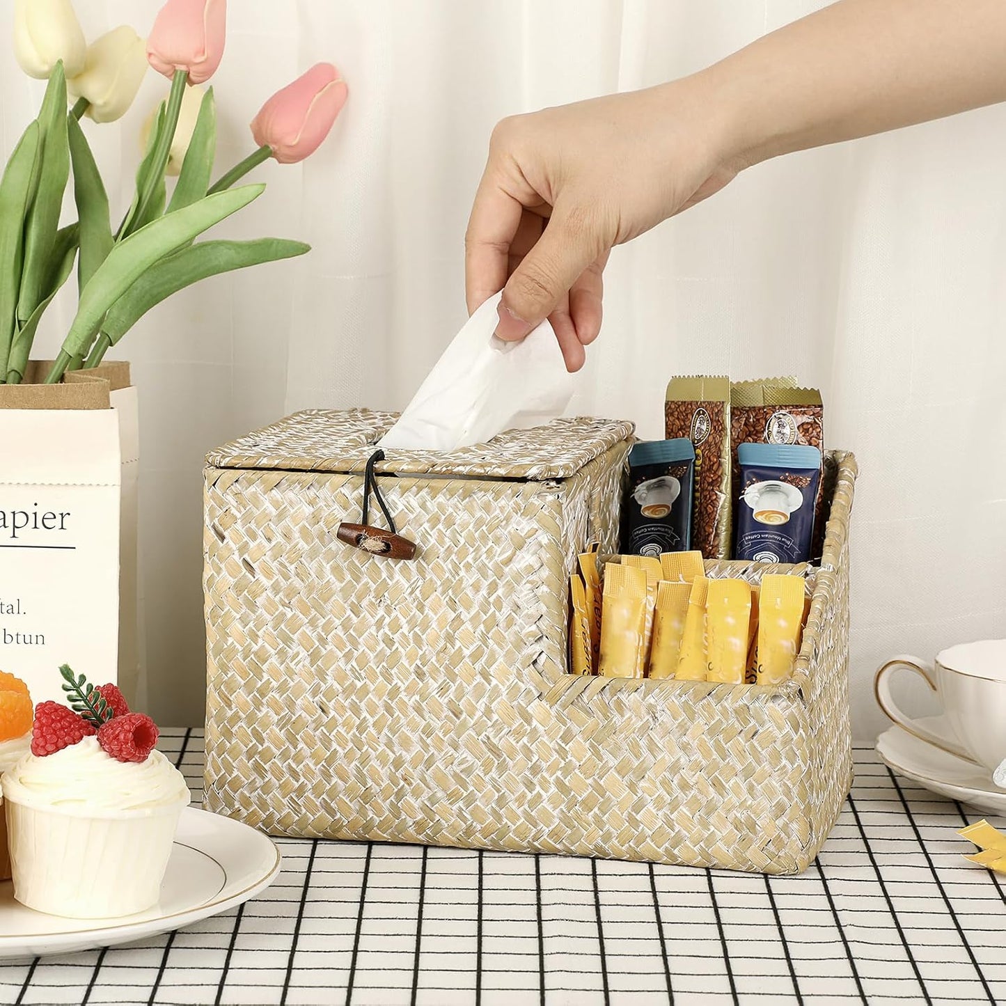 Tissue Box Cover-Square Woven Tissue Box Organizer for Desk Rustic Tissue Box / Whitewash / Seagrass
