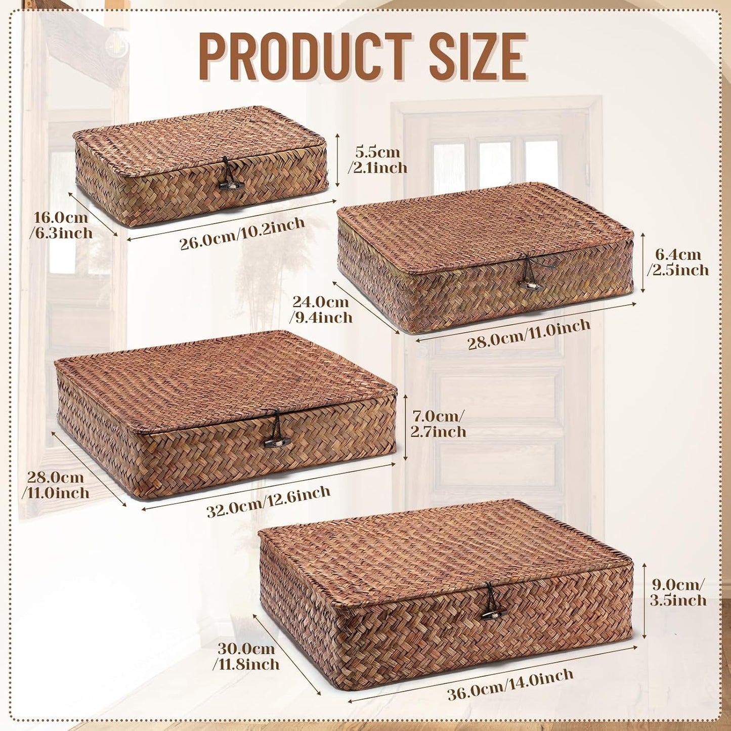 Seagrass Basket / Lid Wicker Storage Basket Decorative Storage Boxes / Dark Brown / Set of 4