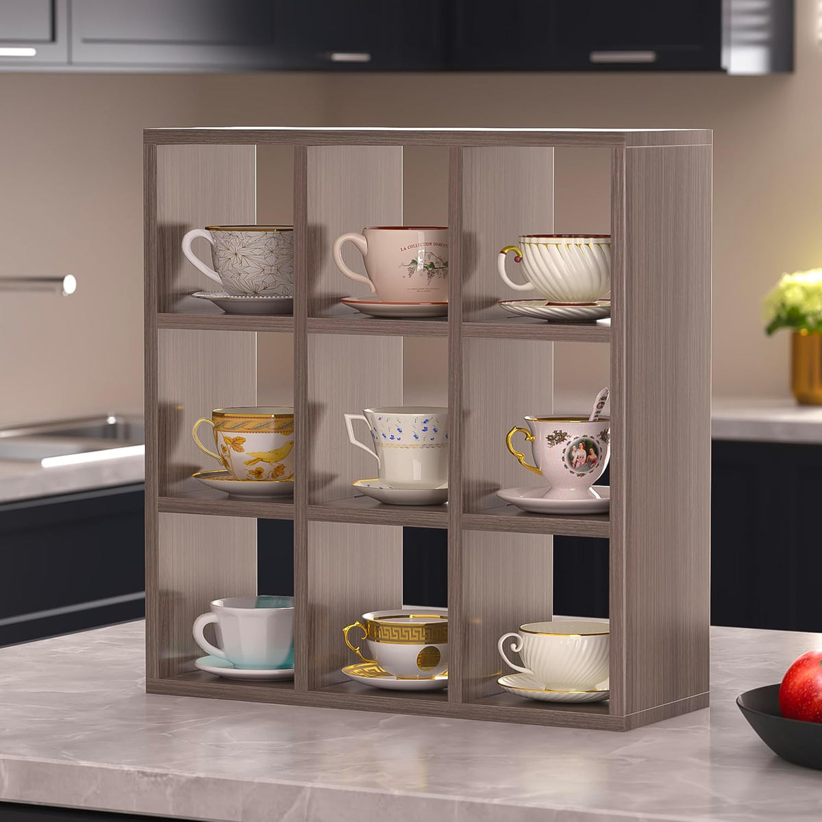 Helsin 9 Grid Vintage Coffee Mug Display Rack, 16inch Wall Mounted Wooden Curio Shadow Box Shelf, Cup Floating Shelves