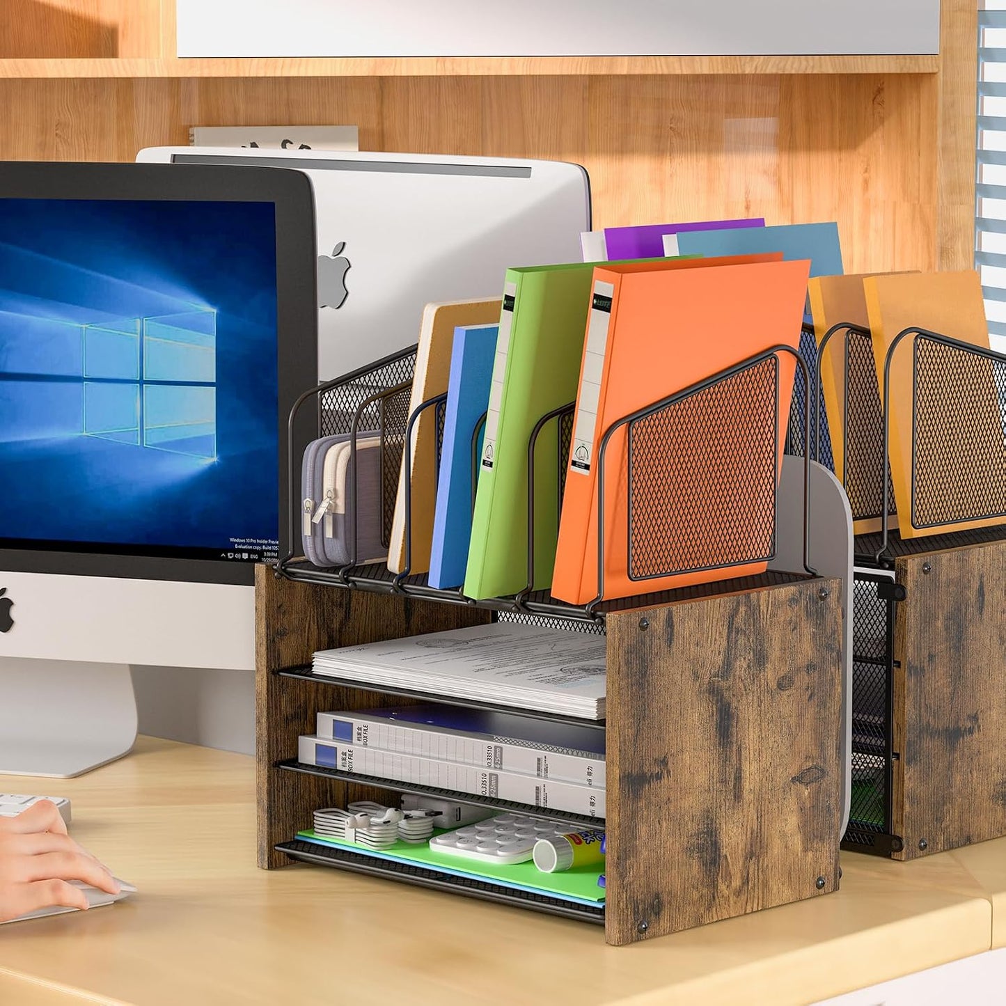 4-Tier Desk Organizer, Desk File Organizer with 5 Vertical File Holders, Office Desktop Organizer with 3 Level Paper