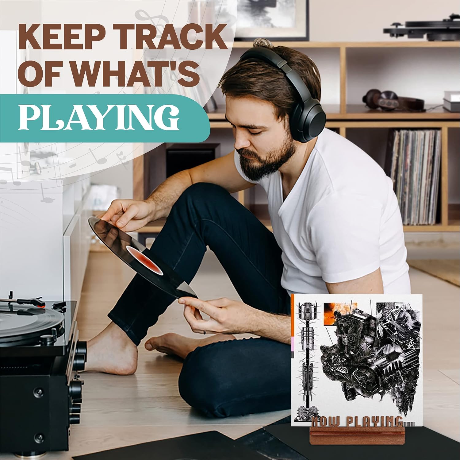 Now Playing Vinyl Stand - 3D Retro Holder for LP Vinyl Records - Wooden Turntable Accessory - Gift Ideas - Album