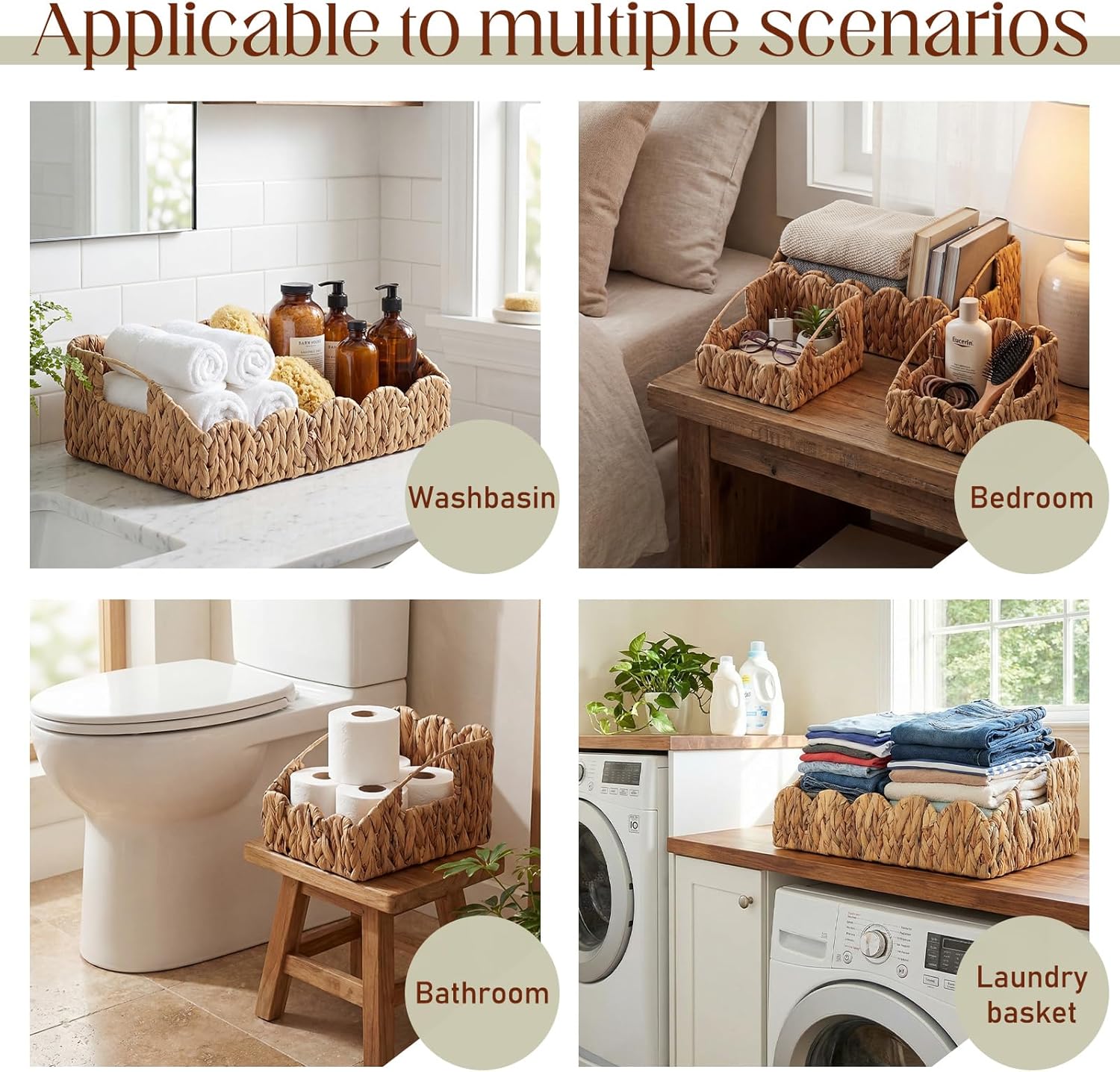 Scalloped Wicker Baskets for Storage / Set of 3