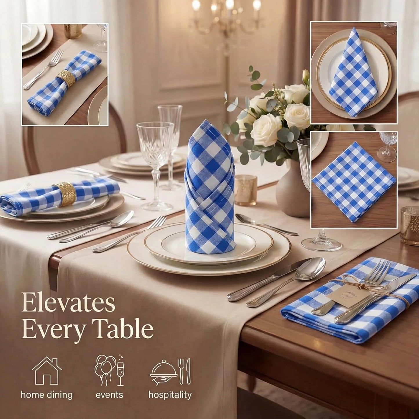 Urban Villa Cloth Napkins Cotton 20x20 (Set of 12) Blue Cheks