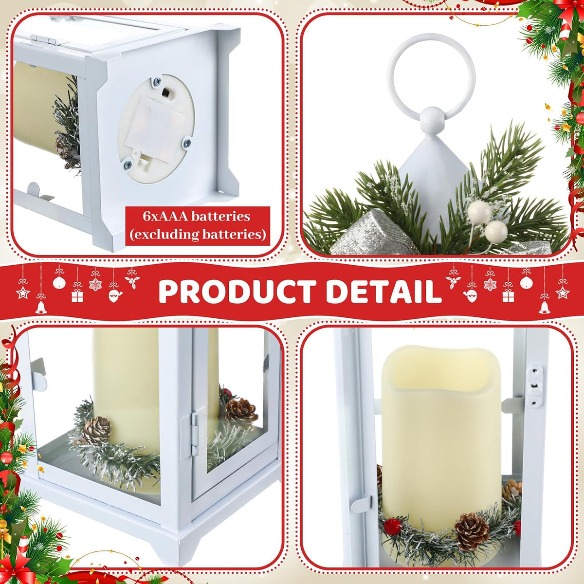 White 2 Pcs Christmas Metal Candle Lantern and LED Fake Candles 12'' and 15'' Decorative Lanterns with Xmas Ornament