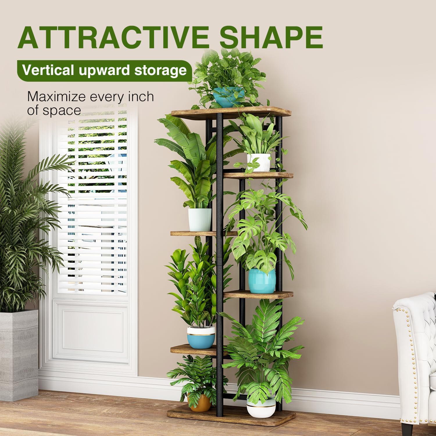 LINZINAR Plant Stand Indoor 6 Tier Metal Corner Tall Flower Shelf | Plant Rack for Multiple Plants, Tiered Flower Plant