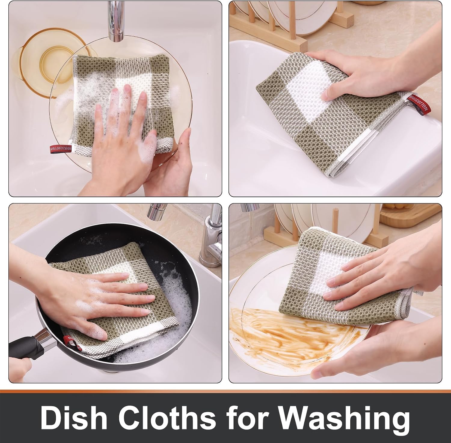 Mordimy Cotton Waffle Dish Cloths, 12"x 12", 12 Pack, Khaki & White | Super Soft and Absorbent Quick Drying Buffalo