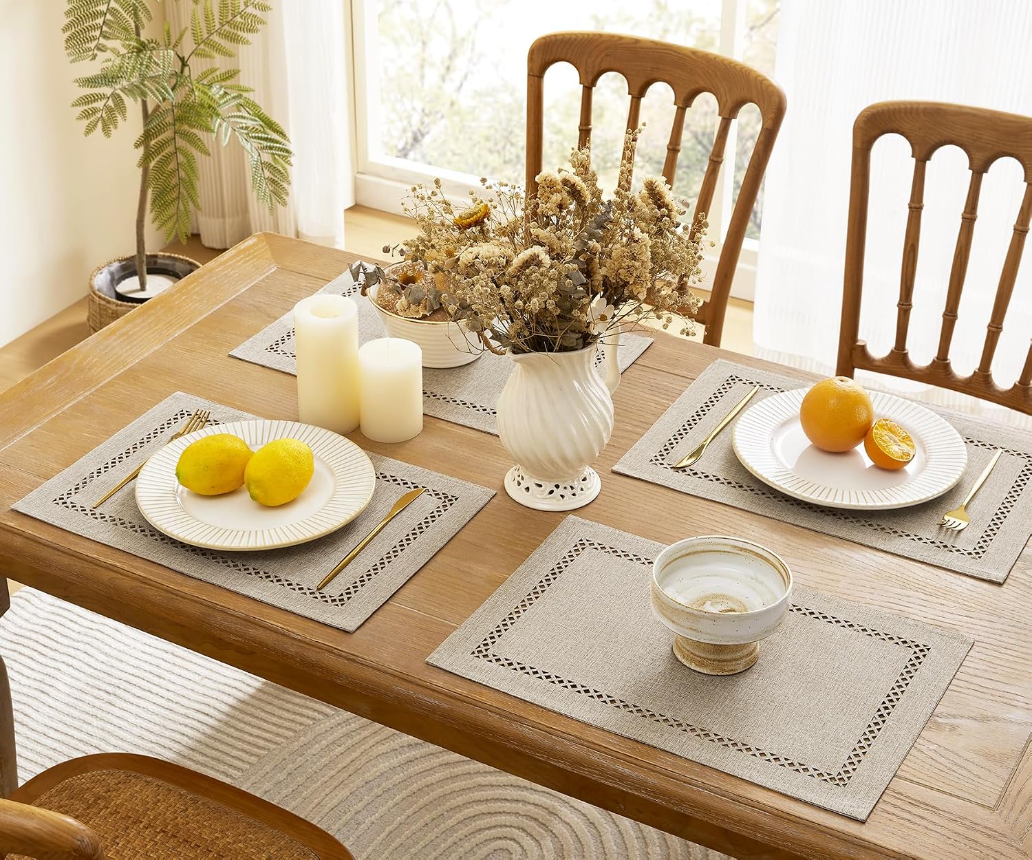 Farmhouse Burlap Place Mats, Coffee Placemats Set of 6, 12 x 18 Inch | Double Layer, Thick Textured Lattice Cutwork