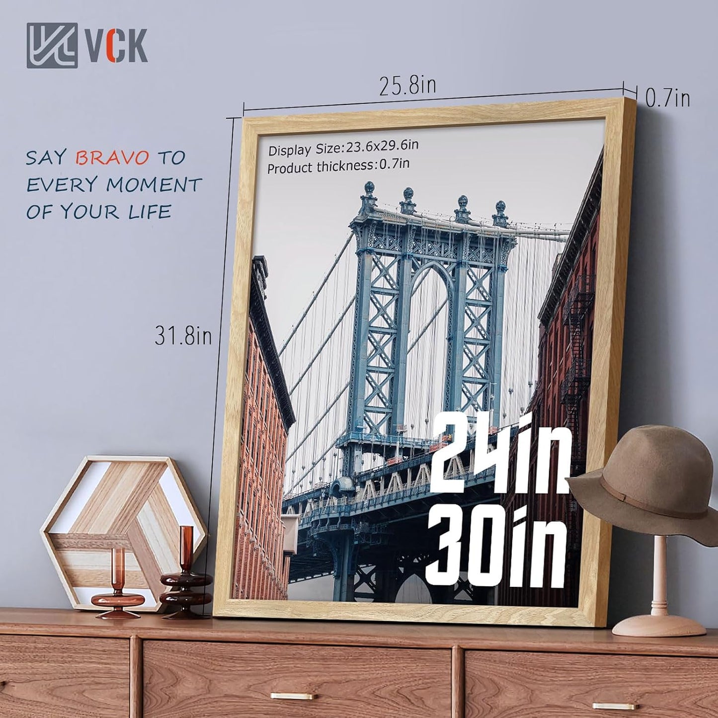 VCK 24x30 Poster Frame Set of 3, Natural Solid Wood, Wall Hanging | Wide Border, Light Woodgrain, Shatterproof