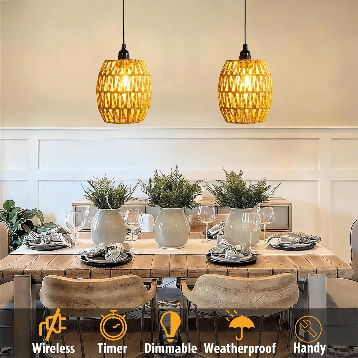 Battery Operated Chandelier, 2 Pack Natural Rattan Pendant Lights - Waterproof Outdoor Boho Hanging Lamps with