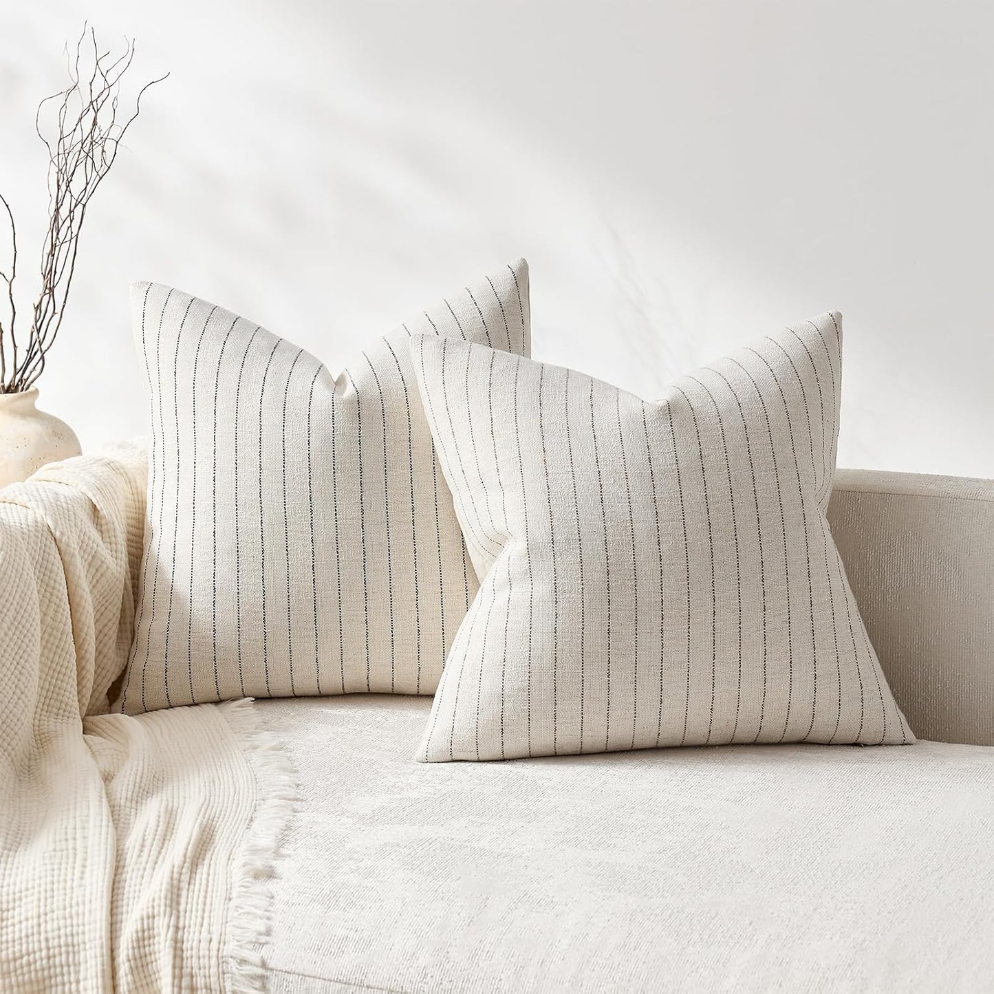 Linen Striped Throw Pillow Covers Neutral Couch Pillow Cases Farmhouse / Black / 18 x 18 / Set of 2