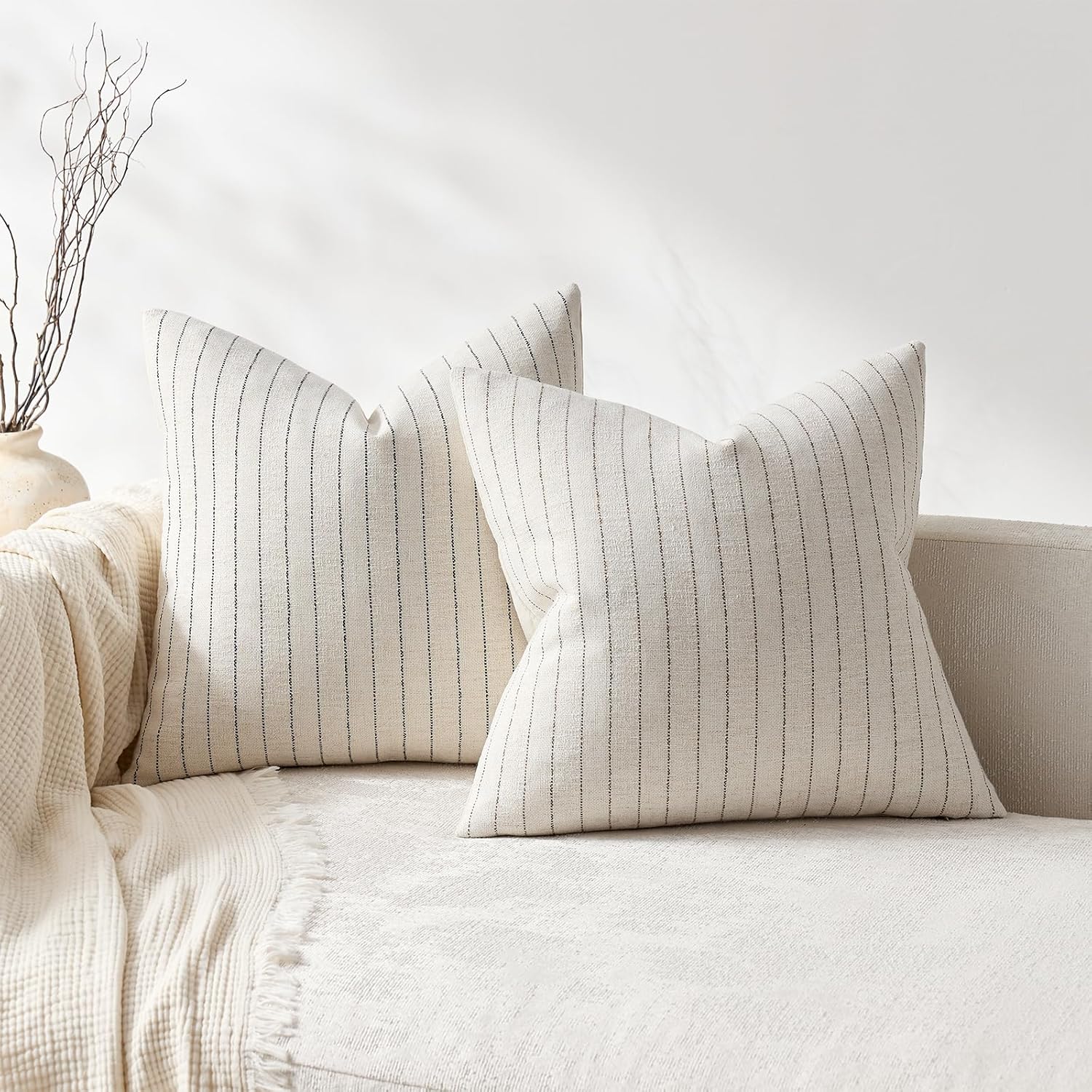 Linen Striped Throw Pillow Covers Neutral Couch Pillow Cases Farmhouse / Black / 18 x 18 / Set of 2