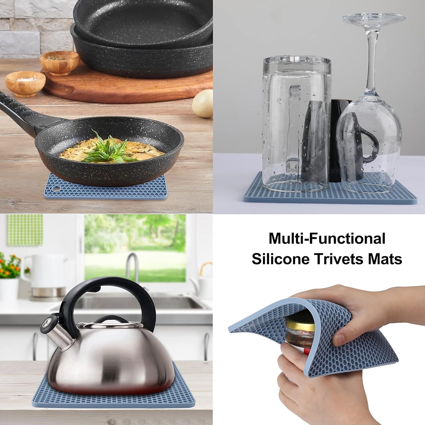 Silicone Trivet Mat / 7 x 7 / 02 Morandi Blue Square / Set of 4
