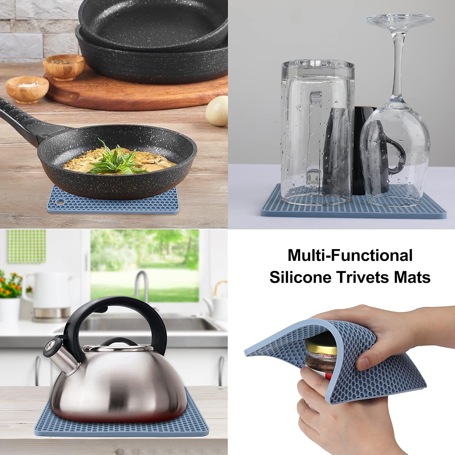Silicone Trivet Mat / 7 x 7 / 02 Morandi Blue Square / Set of 4