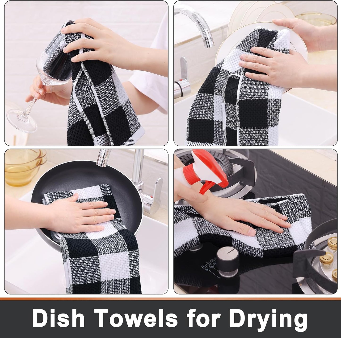 Mordimy Cotton Waffle Kitchen Towels, 13"x 28", 8 Pack, Black & White | Super Soft and Absorbent Buffalo Check, Durable