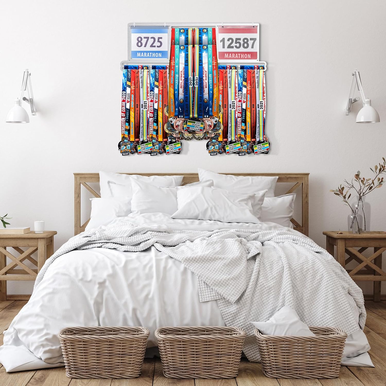Race Bib and Medal Display Hanger, Metal Rack Holder Wall Mounted Award Rack for Runners, Displays Over 100 Medals and