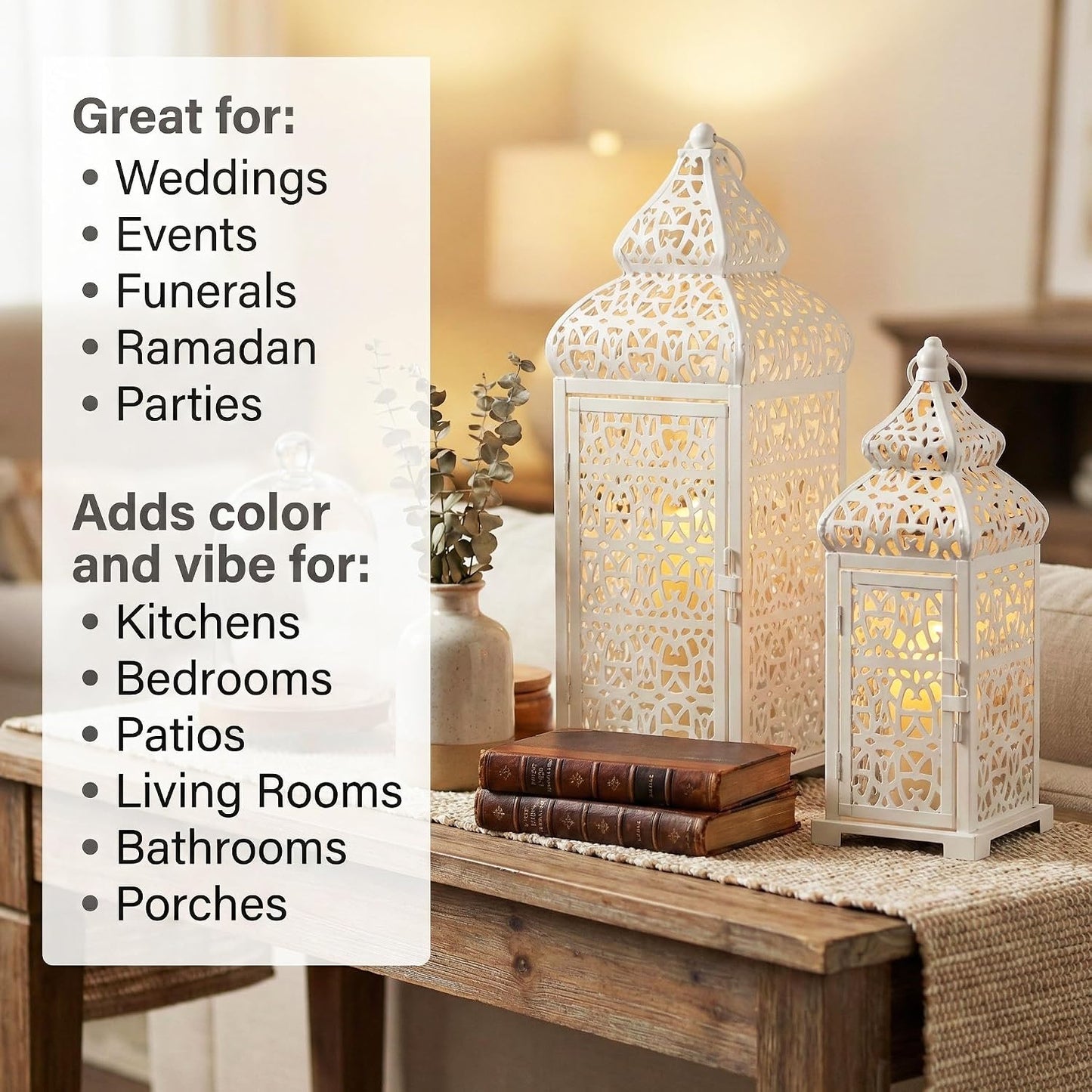 Vela Lanterns Decorative Indoor Moroccan Candle Holders, White, Set of 2 | White Wedding Centerpieces, Ramadan