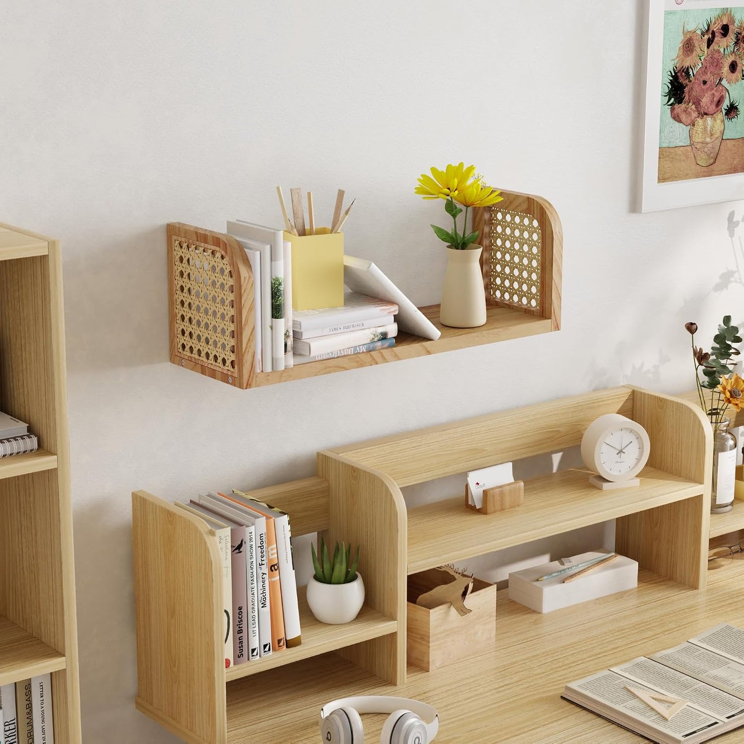 Hanging Book Shelves / Natural Rattan Wall Shelf / 5.5"D x 17.1"W x 5.9"H