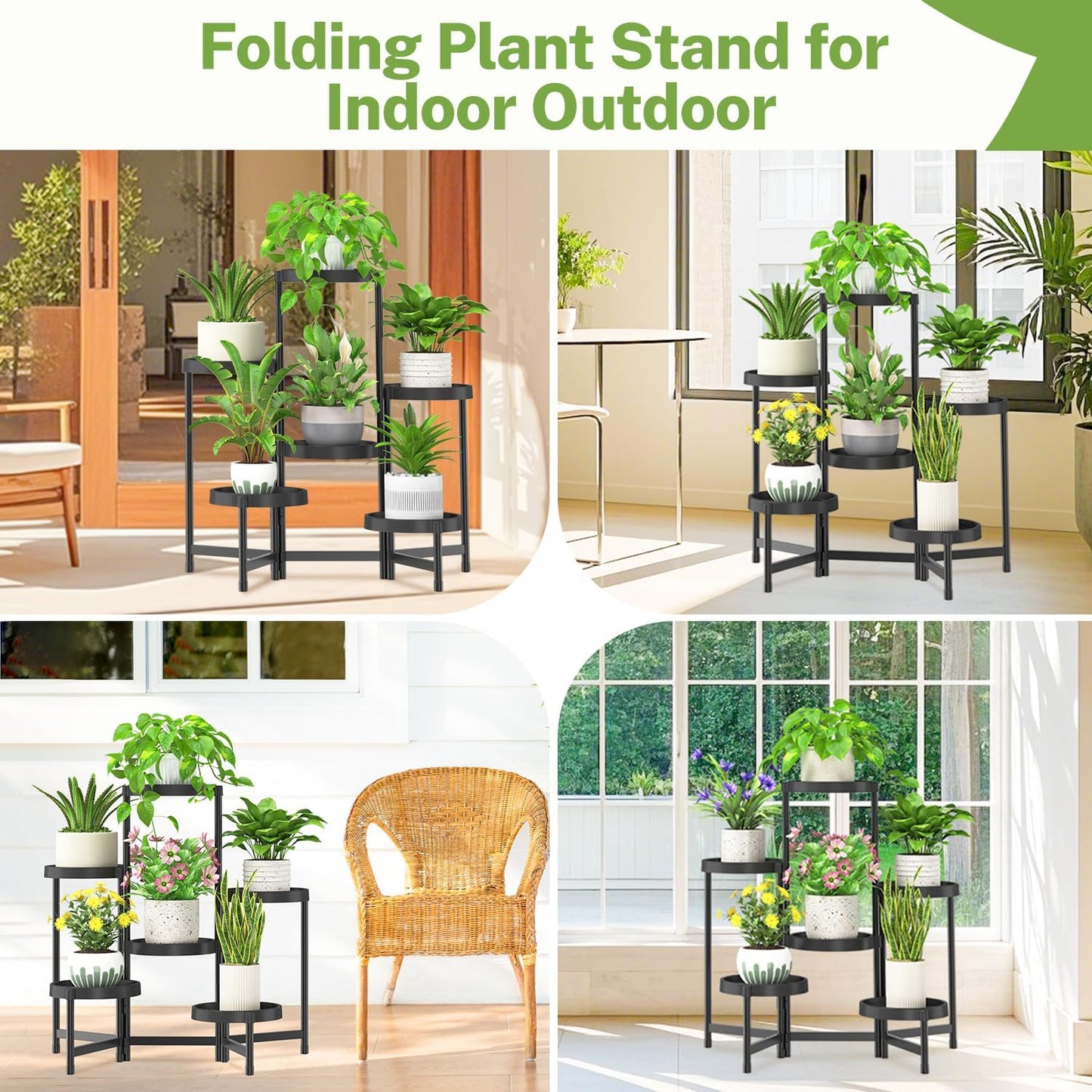 iDavosic.ly 6 Tier Folding Plant Stand Indoor Outdoor, Plastic Tray, Black | Space Saving Tiered Corner Storage Display