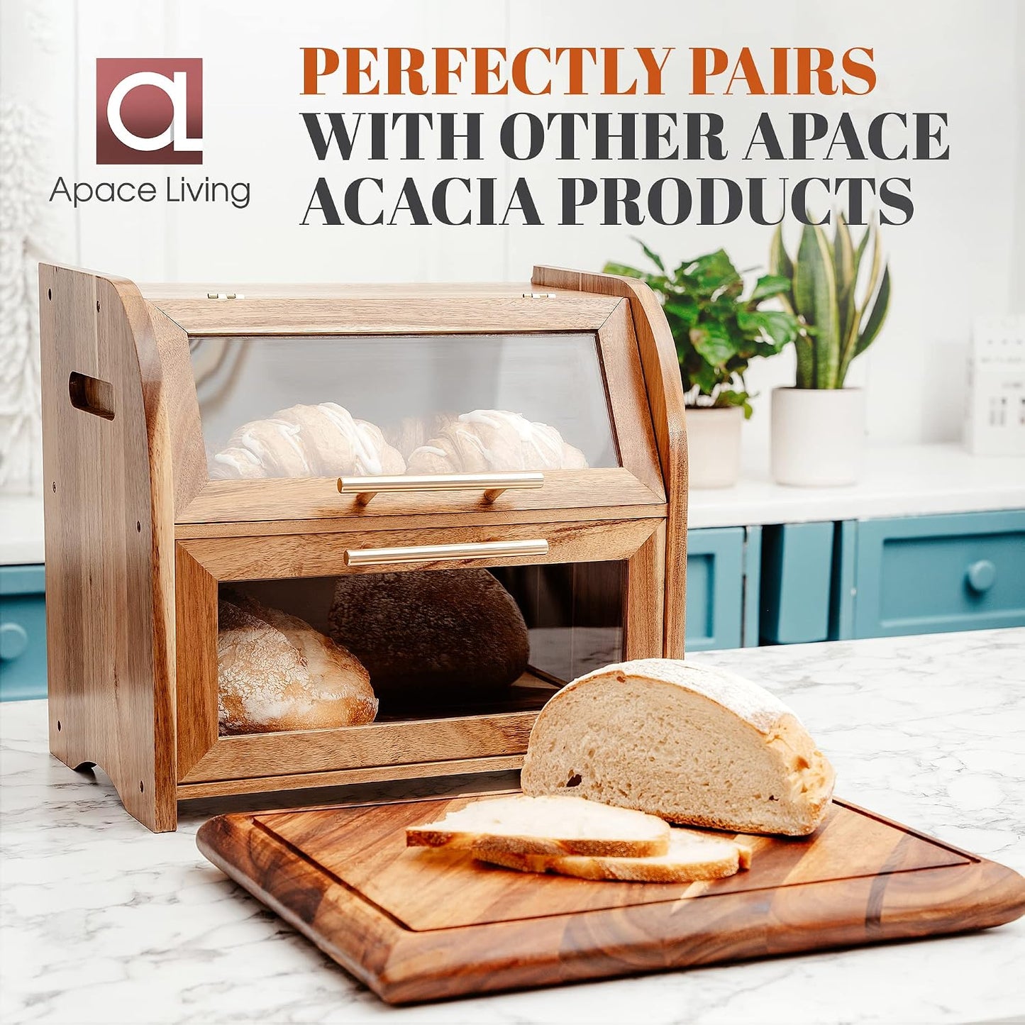 Arise Acacia Wooden Bread Box for Kitchen Countertop, Extra Large 2-Shelf | Bread Storage Container with Clear Windows