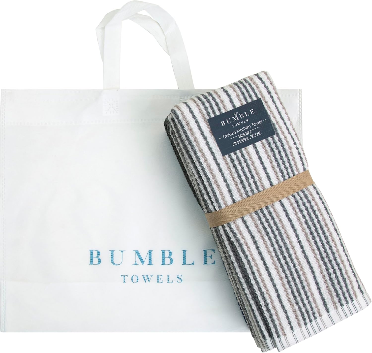 Bumble Kitchen Towels 6 Pack 100% Cotton 16"x26" - Grey Wide Stripe | 430 GSM Soft Kitchen Hand Towels with Hanging