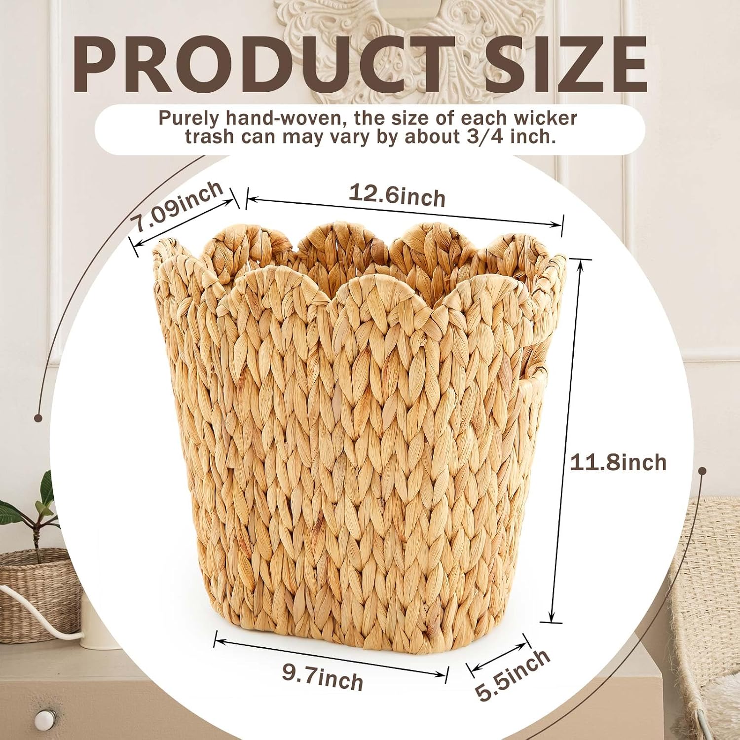 3.9 Gallons Scallop Shaped Woven Trash Can Wicker Waste Basket / Oval Scallop / 11.8 x 7 x 11