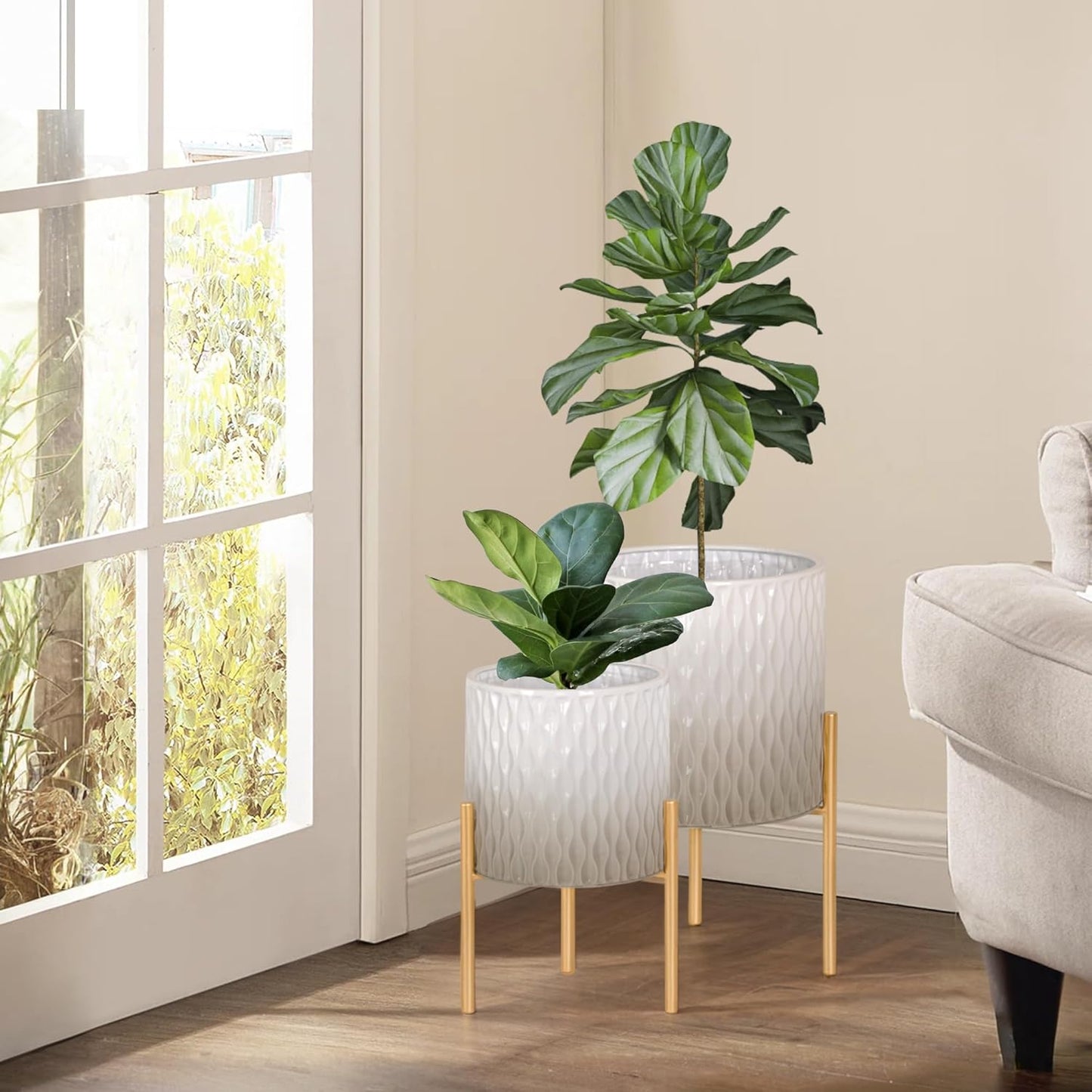 ARNIS Plants Pots with Stand, Set of 2 Indoor Planter Pots, Unique Mid Century Decorative Metal Flower Pots with
