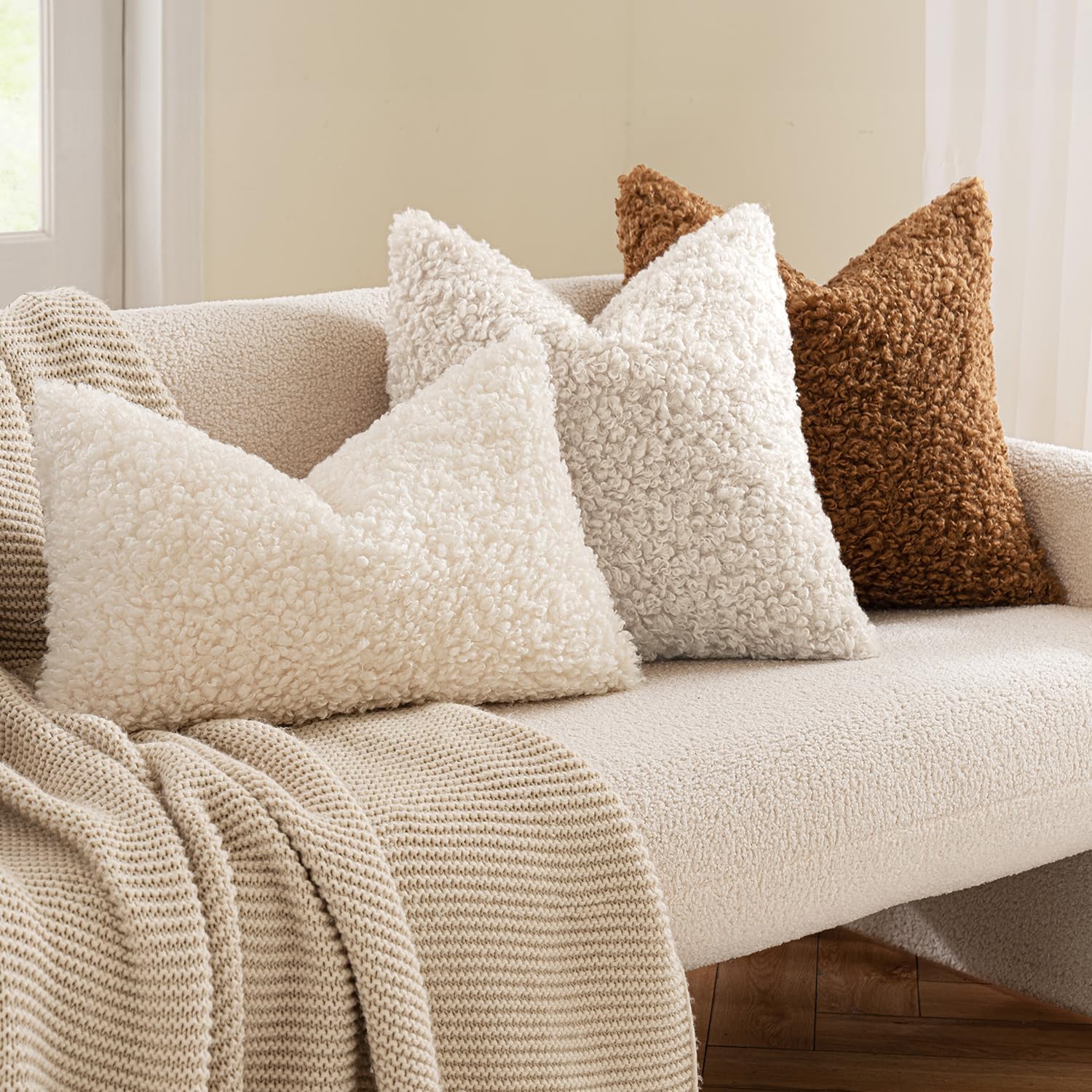 Faux Fur Throw Pillow Covers Boucle Decorative Sherpa / 18 x 18 / Neutral Light Beige / Set of 2