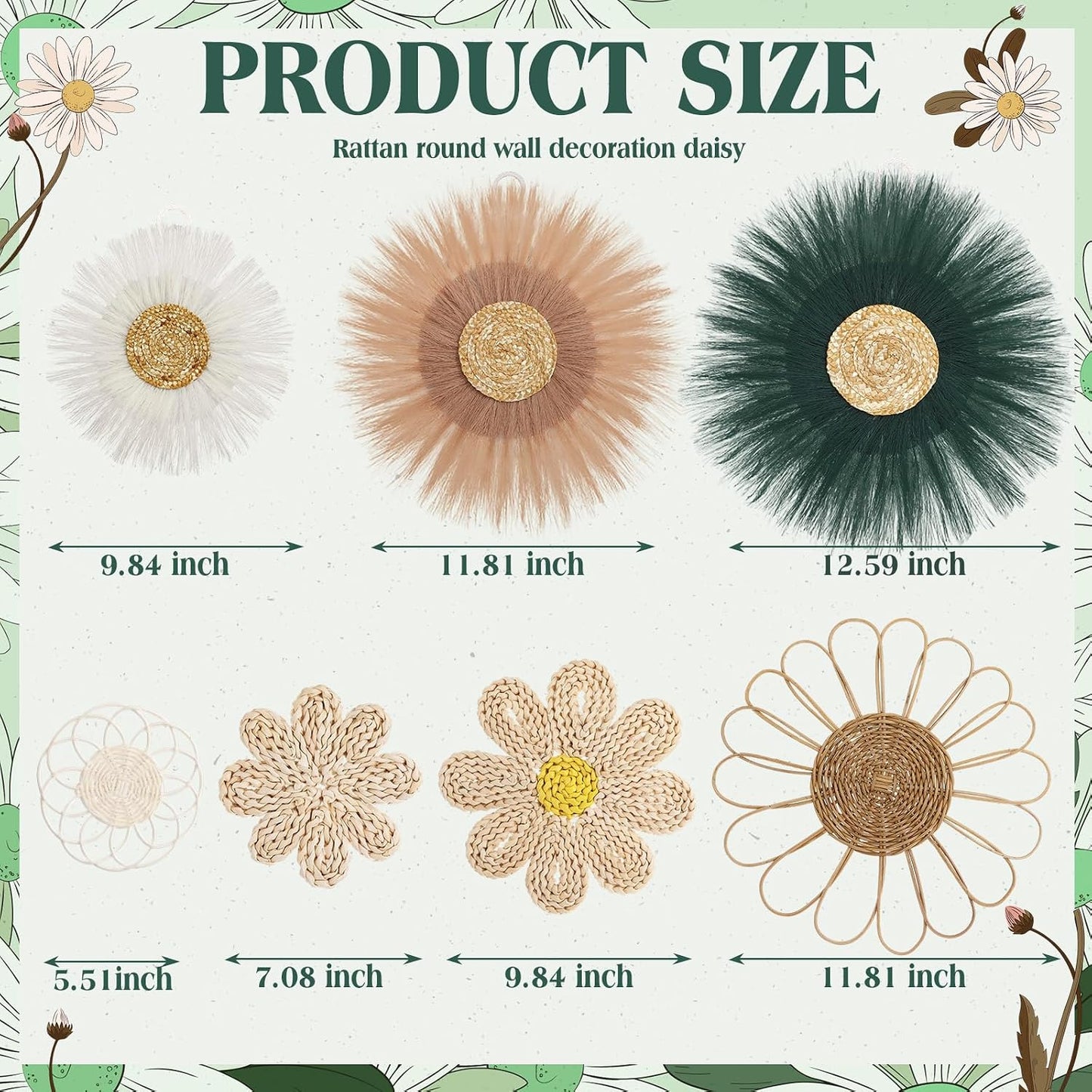 Boho Wall Basket Decor Rattan Flower Wall Decor Nursery Daisy Flower / Emerald Green / Set of 7