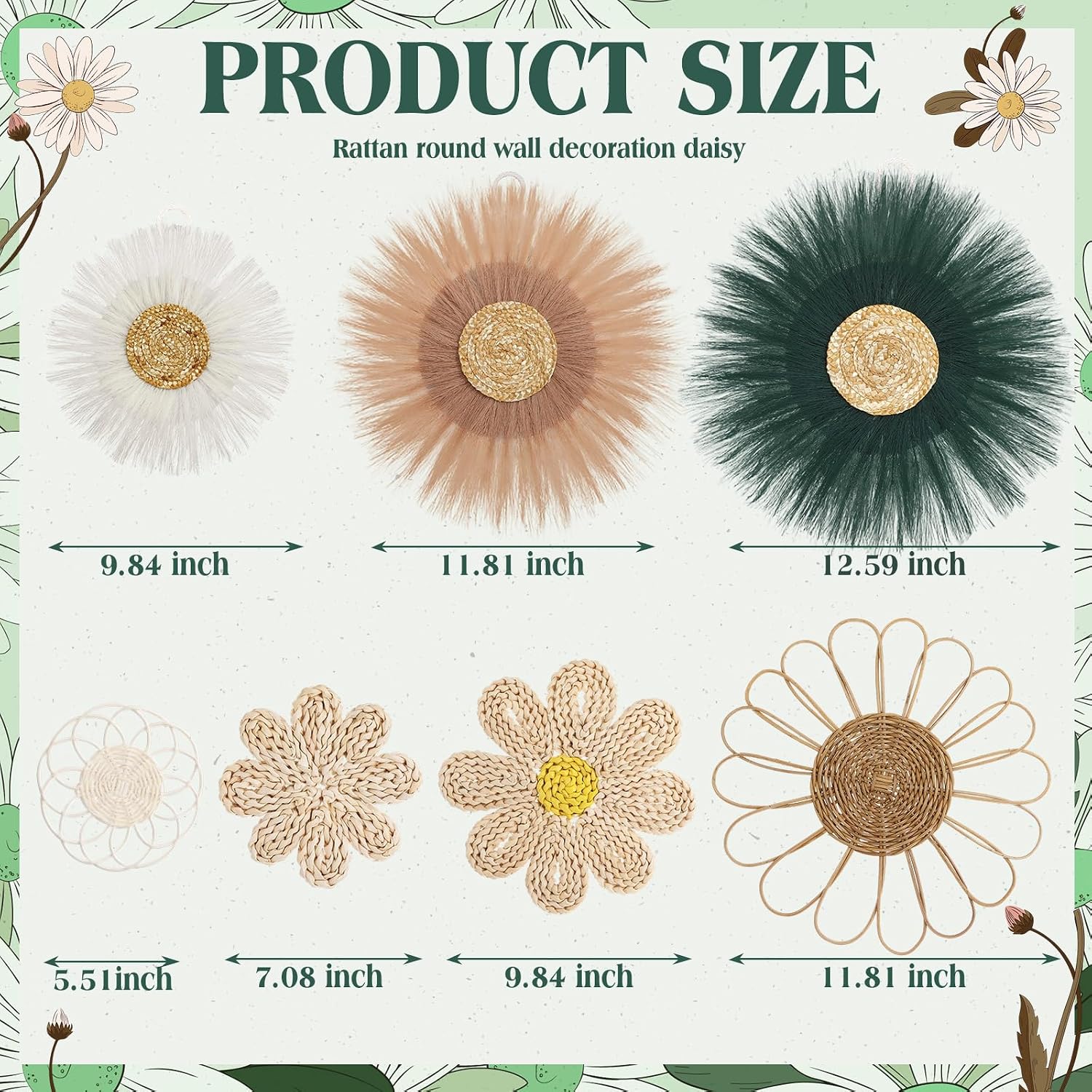 Boho Wall Basket Decor Rattan Flower Wall Decor Nursery Daisy Flower / Emerald Green / Set of 7