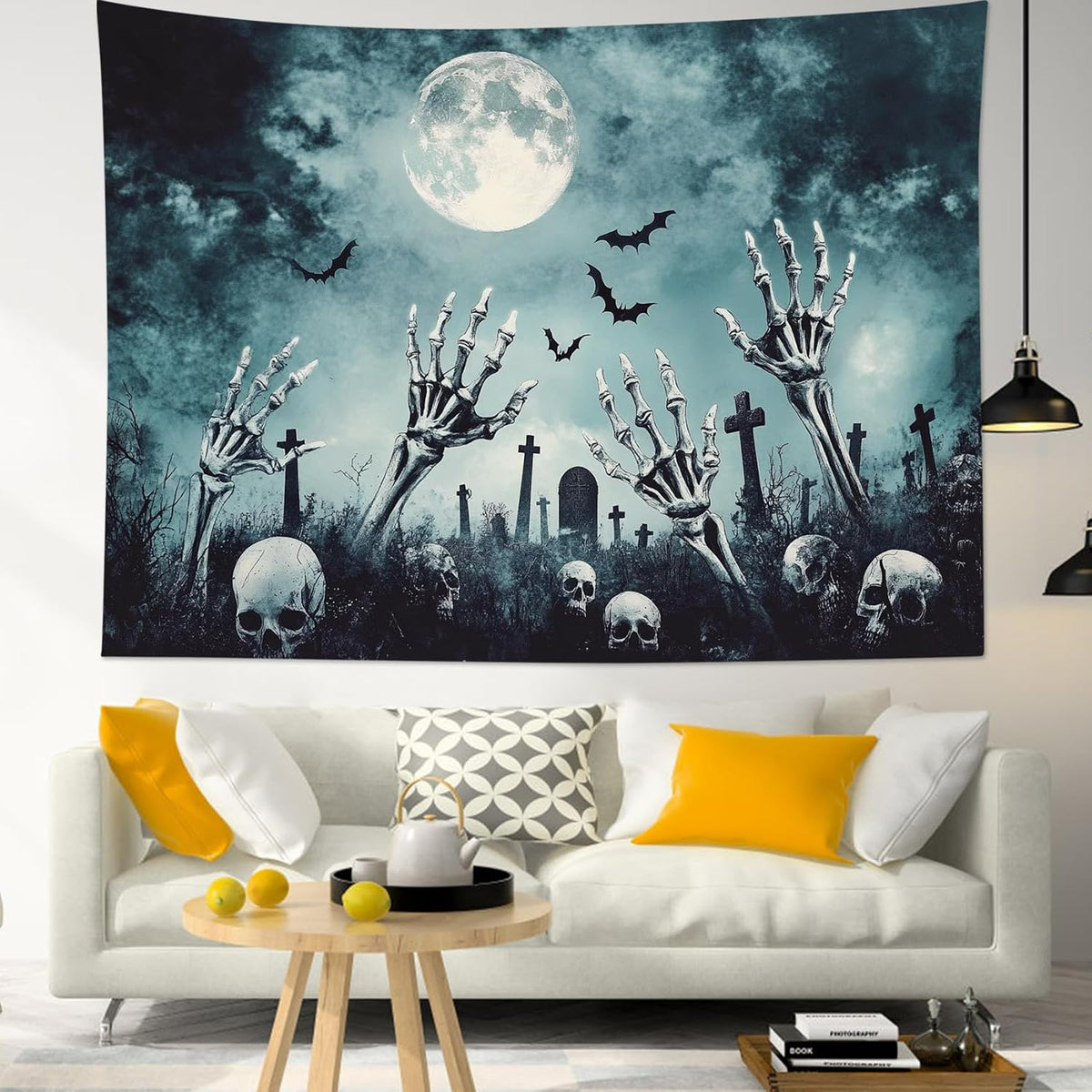 HVEST Black Halloween Tapestry Wall Hanging Scary Skeleton and Horror Tombstone in Cemetery Wall Art Spooky Bat and Misty Full Moon Tapestry for Bedroom Living Room Dorm Wall Decor, 40L X 60W inches