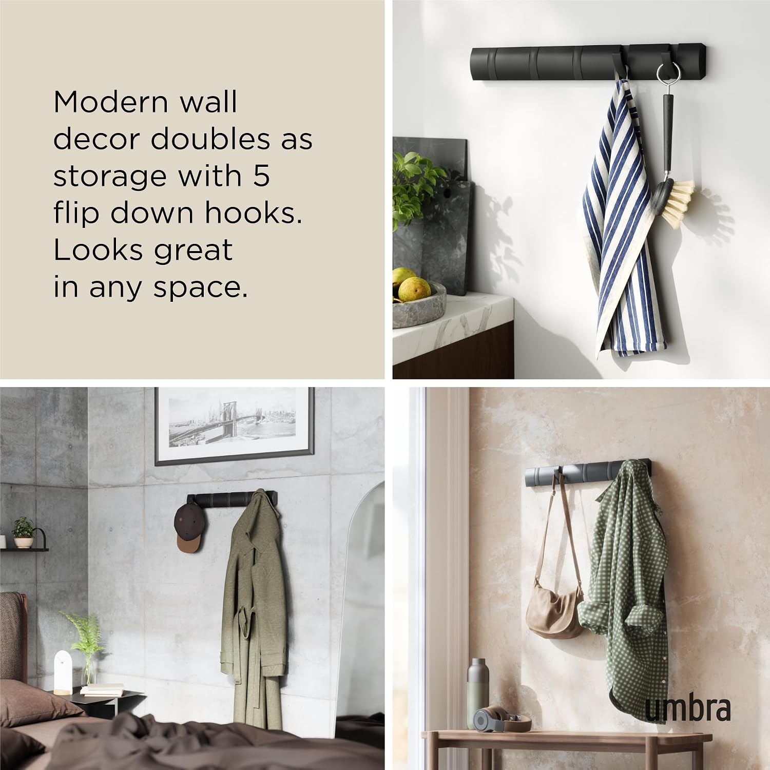 Umbra Flip Coat Rack, Wall Mounted 5-Hook Space Saving, Black/Black | Real wood and steel build, retractable hooks fold