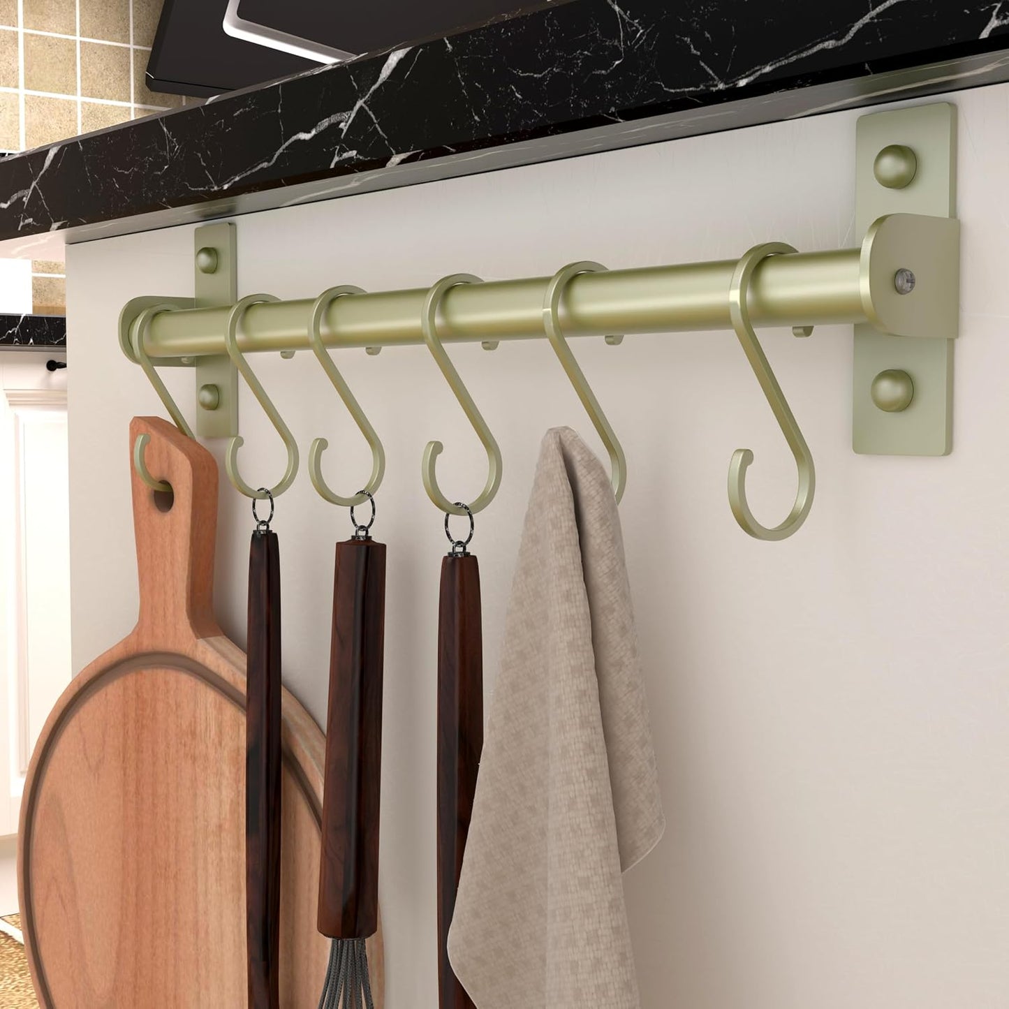 Kitchen Utensil Holder Hanger, Pot and Pan Rack Wall Mounted, Kitchen Rail with 8 Hooks for Hanging Cooking Utensils